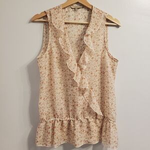 Rw&co Medium Sheer Ruffle Top Neutral Cream Watercolor Flowers Sleeveless blouse